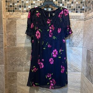Sheer short sleeve Gibsonlook midi dress navy with pink floral pattern DKNY